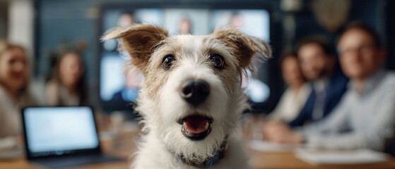 Close up of dog with open mouth in meeting room with people and laptop behind it