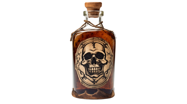 Antique bottle with a skull label isolated on transparent backgroundevoking mystery and danger.