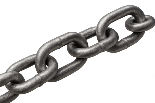 Metal chain links isolated on a transparent background, industrial strength, close-up, strong