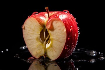 Sliced red apple with water drops on a black reflective surface, creating a visually appealing image