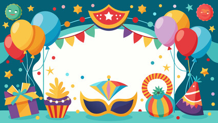 Festive carnival party scene with balloons masks and gifts