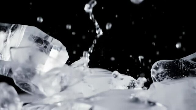 Angular, clear ice chunks tumbling against a black background