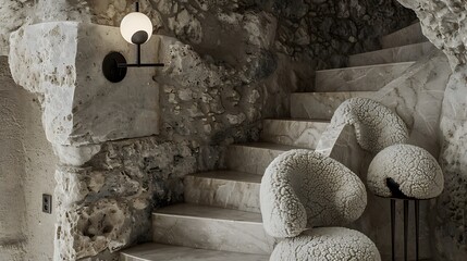 Artistic interior with unique stone stairs illuminated by modern lighting fixture