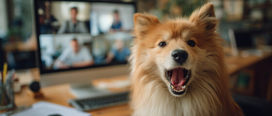 A fluffy dog barks in front of a computer screen showing a video conference call