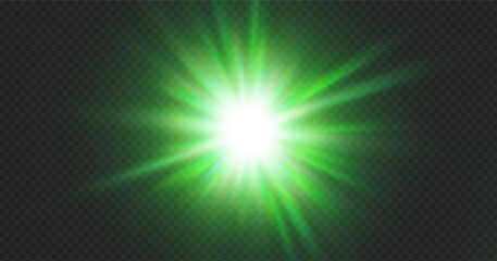 Green light glow effect with sparkle background and bright laser beam flare. Green star spotlight and black line shine for isolated png or vector design. Neon motion graphic brilliant bokeh flash.