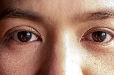 Close-up image showcasing the beautiful brown eyes of a asian woman with natural makeup. Ideal for...