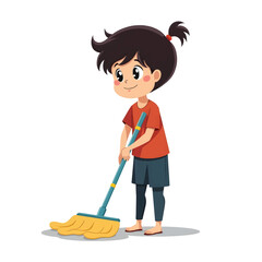Black Silhouette Vector of Child Cleaning Floor with Mop in Home Chore and Responsibility Scene on White Background Full Ultra HD