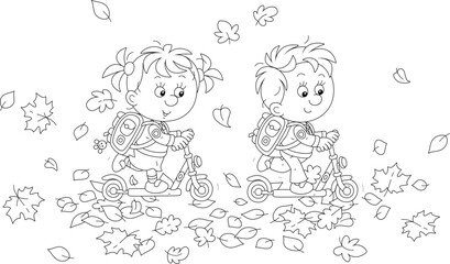 First day of school, happy little schoolchildren merrily riding their small scooters to school through fallen autumn leaves, black and white vector cartoon illustration for a coloring book