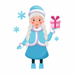Russian Snegurochka or Snow Maiden holds gift. Vector illustration in cartoon style. Merry Christmas and Happy New Year.