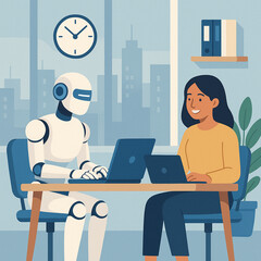 Vector illustration showing a humanoid AI robot working beside a smiling woman in a modern office. Great for topics like AI in workplace, technology collaboration, or future of work.”