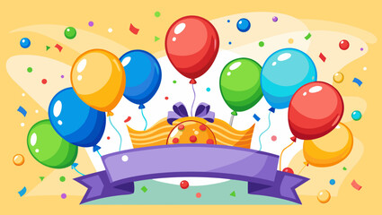 Colorful balloons and confetti celebrate a festive occasion with a ribbon banner