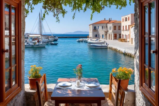 Restaurant table overlooking picturesque fishing harbor in greece