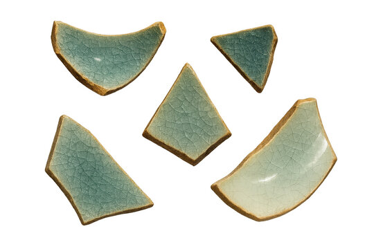 Set of blue ceramic tile fragments isolated on a transparent background cutout