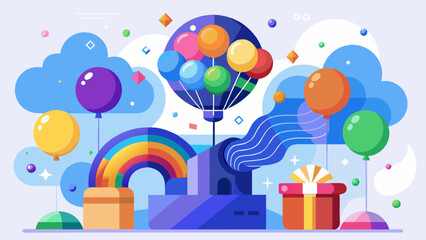 Celebration scene with colorful balloons rainbow gifts and confetti in a flat design style