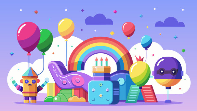 Whimsical birthday celebration with robots balloons rainbow and cake