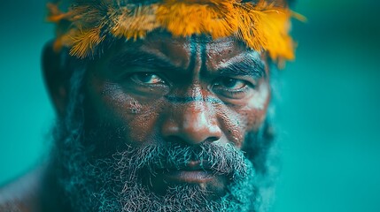 Intense Tribal Man Portrait with Feather Headdress