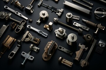 Different mechanical components, hinges, locks, and fasteners lying on a dark surface, creating an abstract industrial pattern