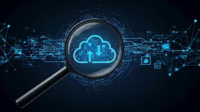 Cloud storage concept, viewed through a magnifying glass, with digital circuit board overlay
