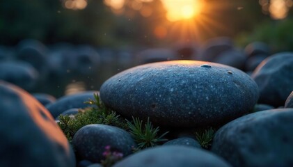 Serene Twilight Rock Mossy Cushion Embrace at Peaceful Dusk - Tranquil Nature Scene Perfect for Relaxation and Sleep Themes