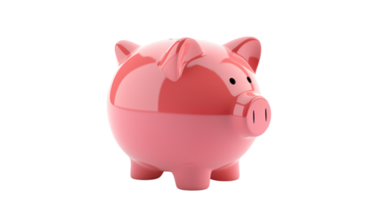 Glossy pink piggy bank stands out on a transparent background, perfect for financial themes.