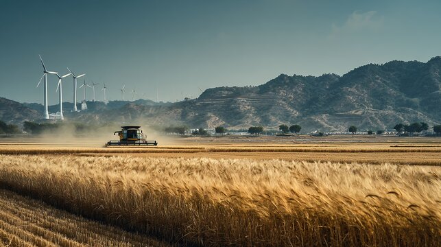wind turbines in golden wheat field with mountain landscape renewable energy sustainable agriculture