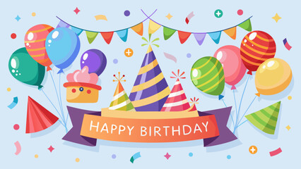 Festive happy birthday banner with balloons party hats and confetti
