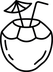 Vector illustration of a Coconut on the beach. Tropical cocktail in coconut with straw and umbrella vector Illustration on a white background. Coconut Cocktail Line Icon