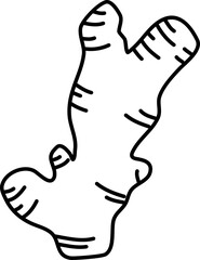 Hand drawn vector illustration of a Ginger outline. Ginger Icon for design. Illustration of fresh ginger root with sliced pieces in black and white
