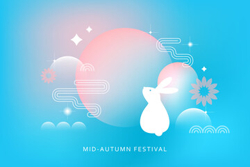 Chinese Mid Autumn festival vector design card, banner, cover. Lunar new year concept. Geometric abstract forms, blue, violet, pink, white gradients, hair. Chinese text Happy Mid Autumn.