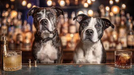 Two dogs behind a bar with cocktails and a shaker in a dimly lit environment