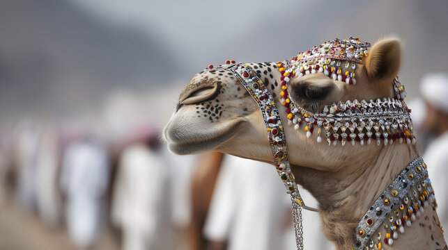 Bejeweled Camel in Profile at Buraidah Camel Festival, Capturing Arabian Elegance and Cultural Beauty in Saudi Arabia