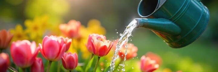 Spring Sunlight Illuminates Vibrant Flowers as Water Gently Flows from a Watering Can