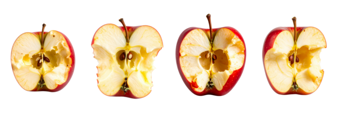 Collection of Partially eaten red apple core lying on clear surface, representing mindful consumption and nutritional awareness
