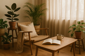 Fototapeta premium Cozy reading nook with houseplants creating relaxing atmosphere