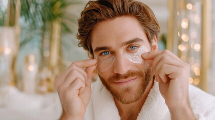 Relaxed male grooming, applying hydrogel under eye patches during skincare morning ritual