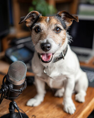Jack russell terrier sitting near microphone on wooden desk in home studio setup