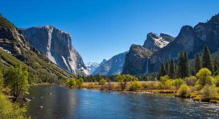 Fototapeta premium Majestic Yosemite Valley Landscape: River, Cliffs, and Fall Colors