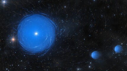 Celestial blue bodies amidst a starry backdrop, evoking cosmic beauty and wonder