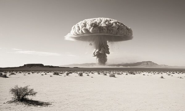 Vintage grayscale image depicts atomic bomb explosion over barren desert landscape