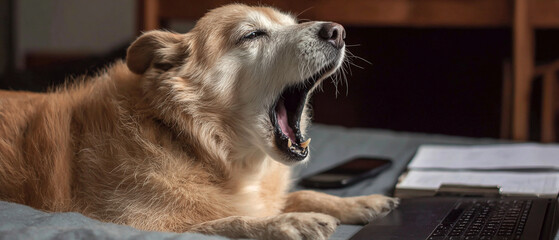 Golden retriever yawning dramatically next to a laptop and documents on a bed