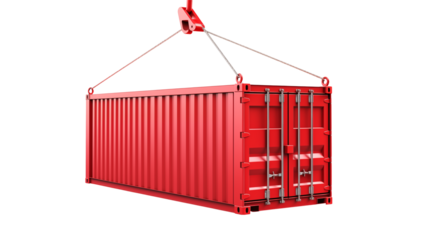 Red shipping container being lifted by a crane isolated on transparent background
