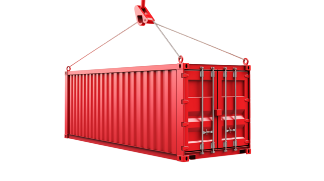 Red shipping container being lifted by a crane isolated on transparent background