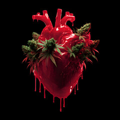 Fototapeta premium A red dripping human heart with marijuana weed buds and leaves around it, isolated on a black background