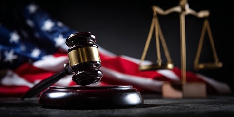 Symbolic representation of American law and justice with a judge's gavel and scales of balance against a backdrop of the national flag.