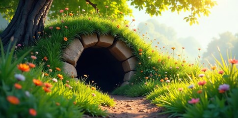 Secret Burrow Entrance A Whimsical Springtime Adventure in Overgrown Wildflowers, Sunlight Dapples the Earth, hinting at a Hidden World Below, Mystery and Tranquility