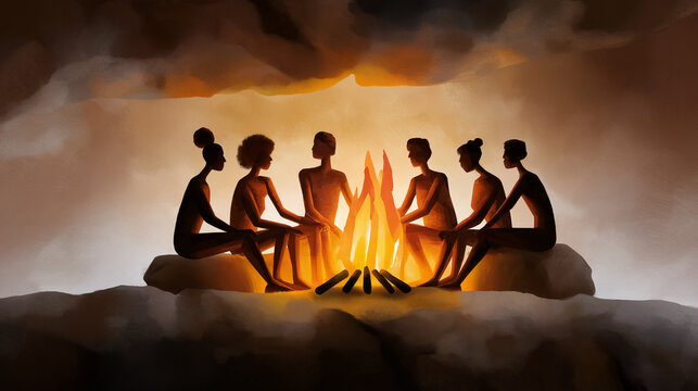 Group of six individuals seated in semicircle around campfire, sharing stories and enjoying warmth. Cozy cave ambiance enhances camaraderie and connection