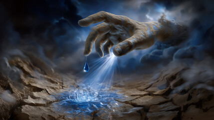 Hand descends from cloudy sky to release a drop of water onto parched ground. Hopeful setting represents resilience amidst drought. Concept of environmental awareness, sustainability, conservation