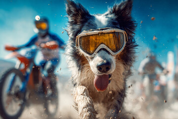 A dog wearing goggles running towards the camera with motorbikes in the background
