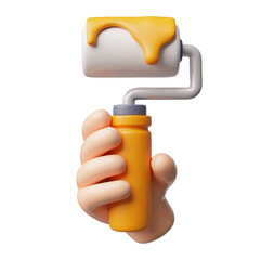 3D icon of a hand holding a paint roller with yellow paint.