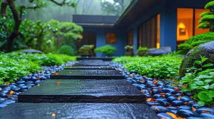 Elegant House Entrance with Marble Flooring and Flower Arrangements on Both Sides